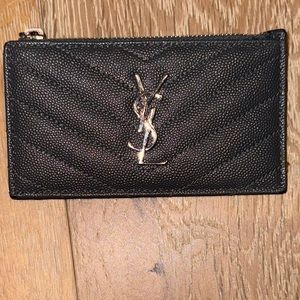 YSL Pebbled Grey Leather Credit Card Wallet